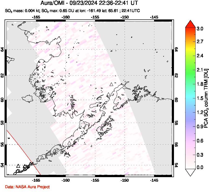 A sulfur dioxide image over Alaska, USA on Sep 23, 2024.