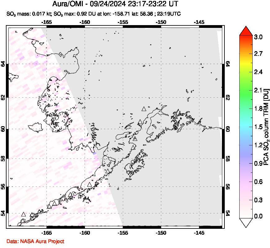 A sulfur dioxide image over Alaska, USA on Sep 24, 2024.