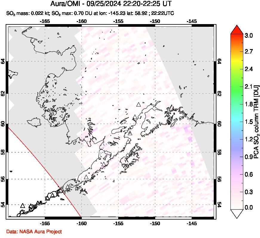 A sulfur dioxide image over Alaska, USA on Sep 25, 2024.