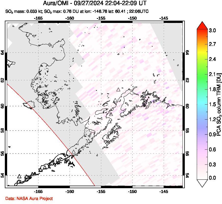 A sulfur dioxide image over Alaska, USA on Sep 27, 2024.