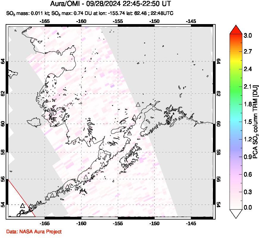 A sulfur dioxide image over Alaska, USA on Sep 28, 2024.