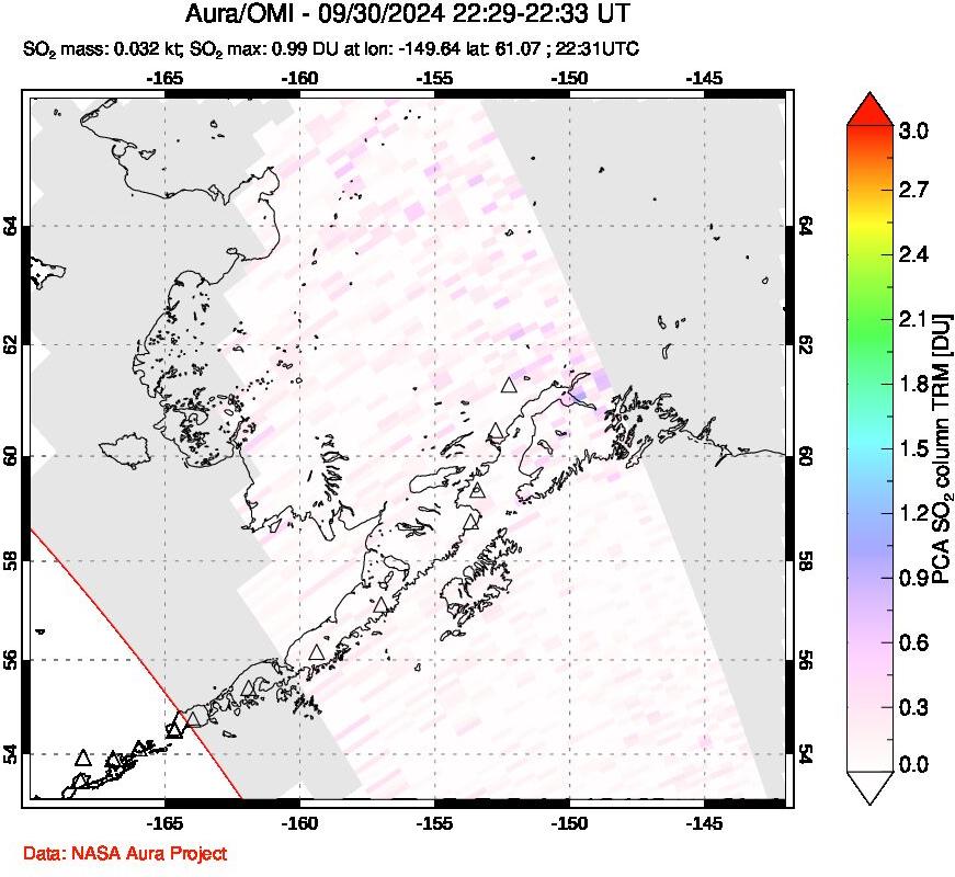 A sulfur dioxide image over Alaska, USA on Sep 30, 2024.