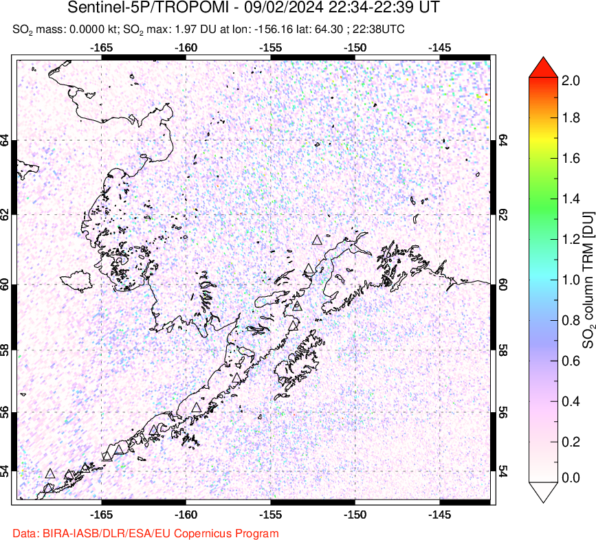 A sulfur dioxide image over Alaska, USA on Sep 02, 2024.