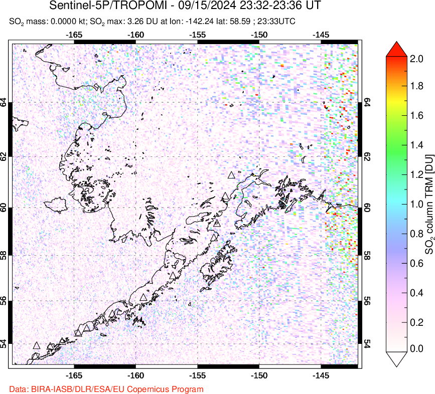 A sulfur dioxide image over Alaska, USA on Sep 15, 2024.