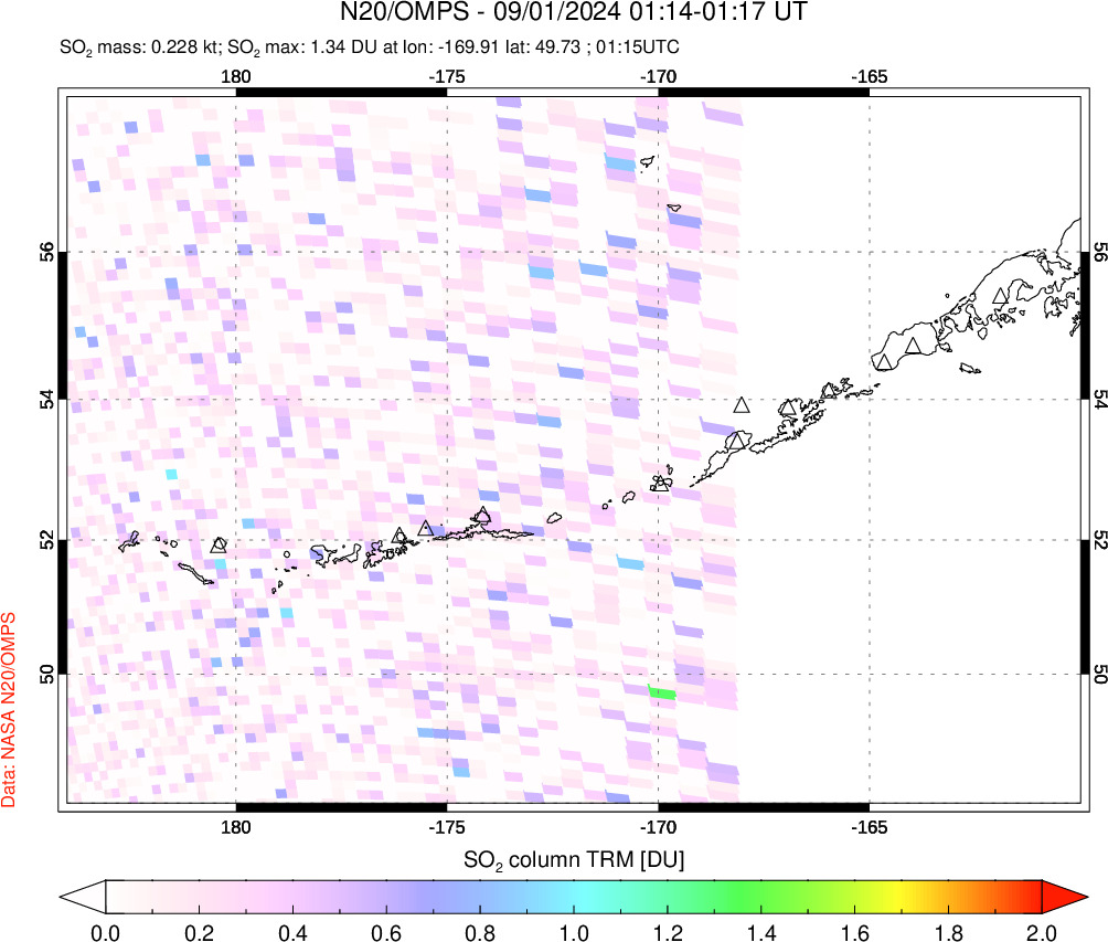 A sulfur dioxide image over Aleutian Islands, Alaska, USA on Sep 01, 2024.