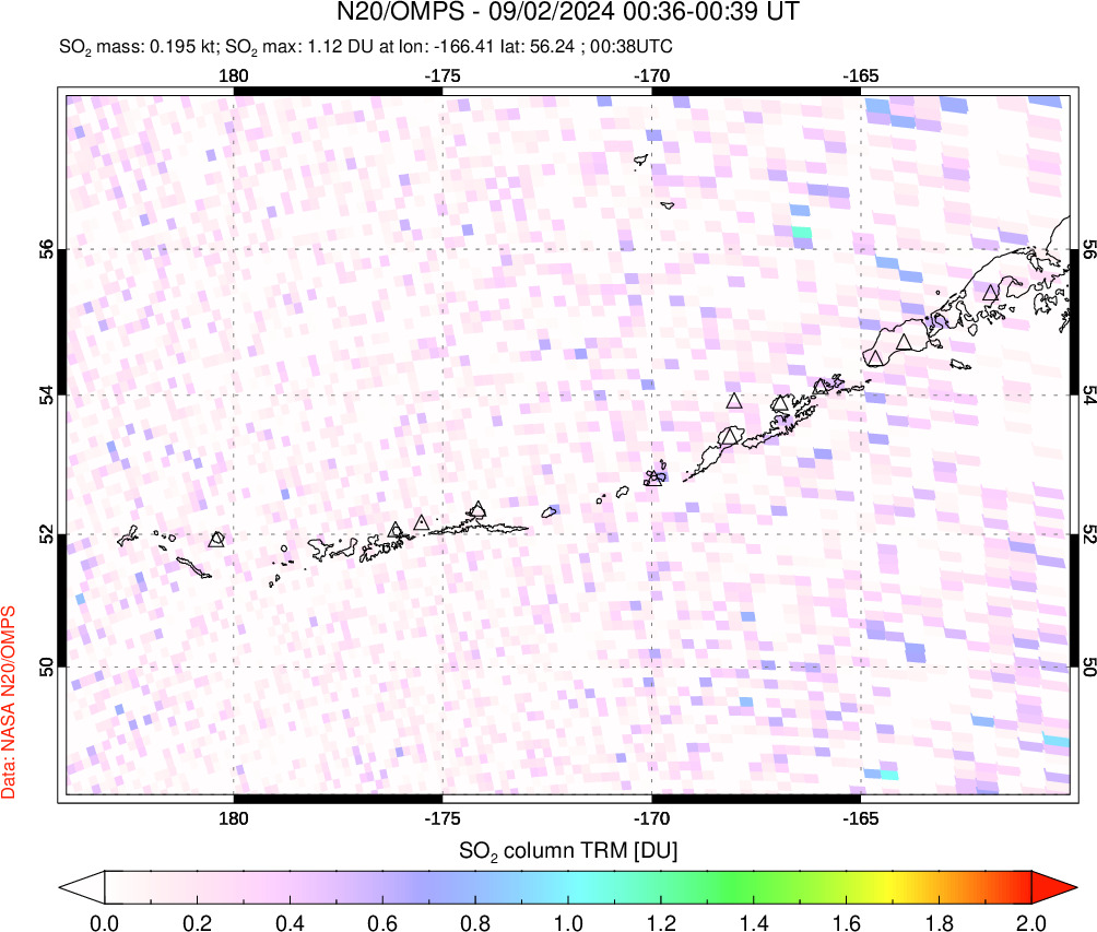 A sulfur dioxide image over Aleutian Islands, Alaska, USA on Sep 02, 2024.