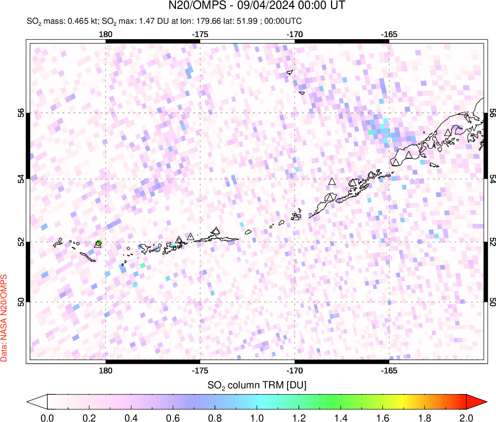 A sulfur dioxide image over Aleutian Islands, Alaska, USA on Sep 04, 2024.