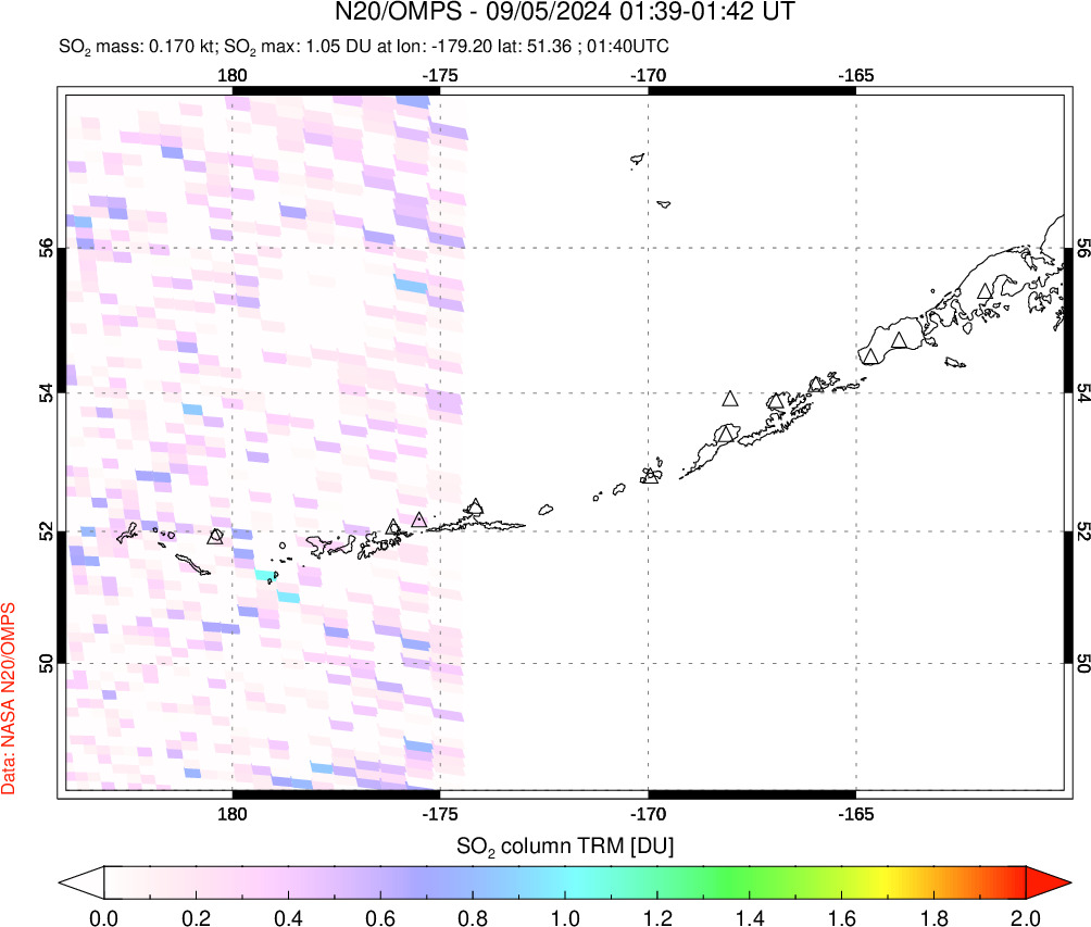 A sulfur dioxide image over Aleutian Islands, Alaska, USA on Sep 05, 2024.