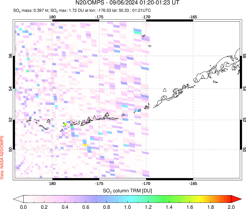 A sulfur dioxide image over Aleutian Islands, Alaska, USA on Sep 06, 2024.