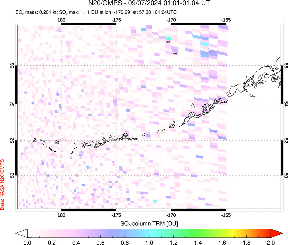 A sulfur dioxide image over Aleutian Islands, Alaska, USA on Sep 07, 2024.