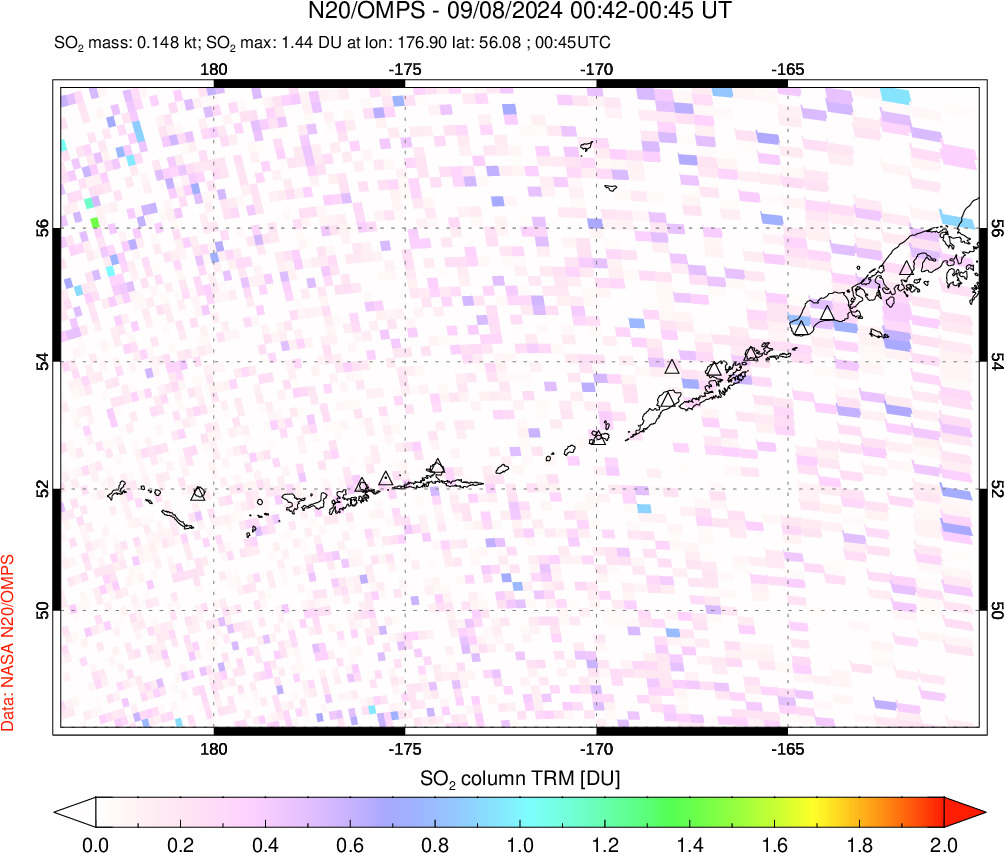 A sulfur dioxide image over Aleutian Islands, Alaska, USA on Sep 08, 2024.