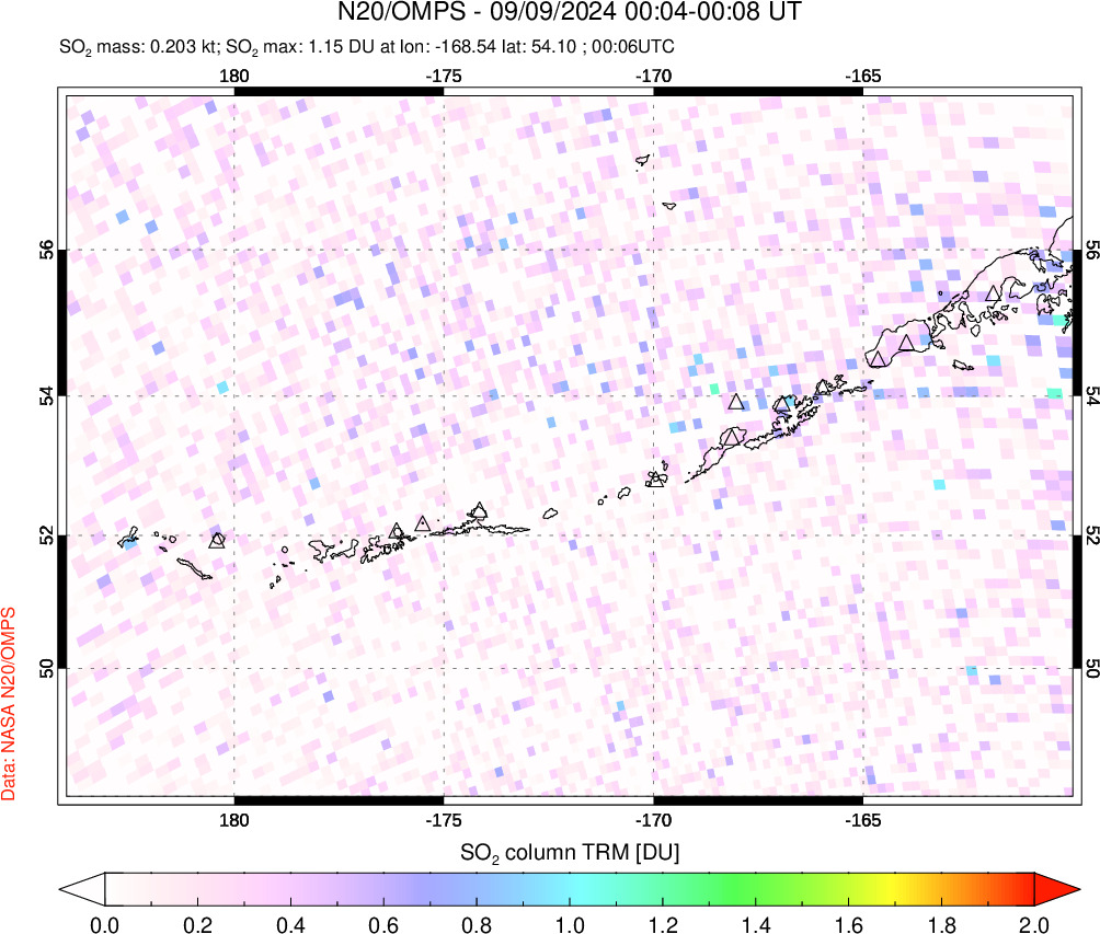 A sulfur dioxide image over Aleutian Islands, Alaska, USA on Sep 09, 2024.