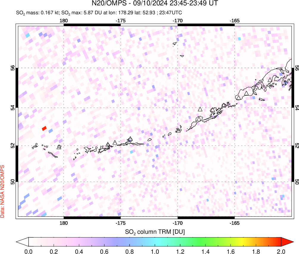 A sulfur dioxide image over Aleutian Islands, Alaska, USA on Sep 10, 2024.