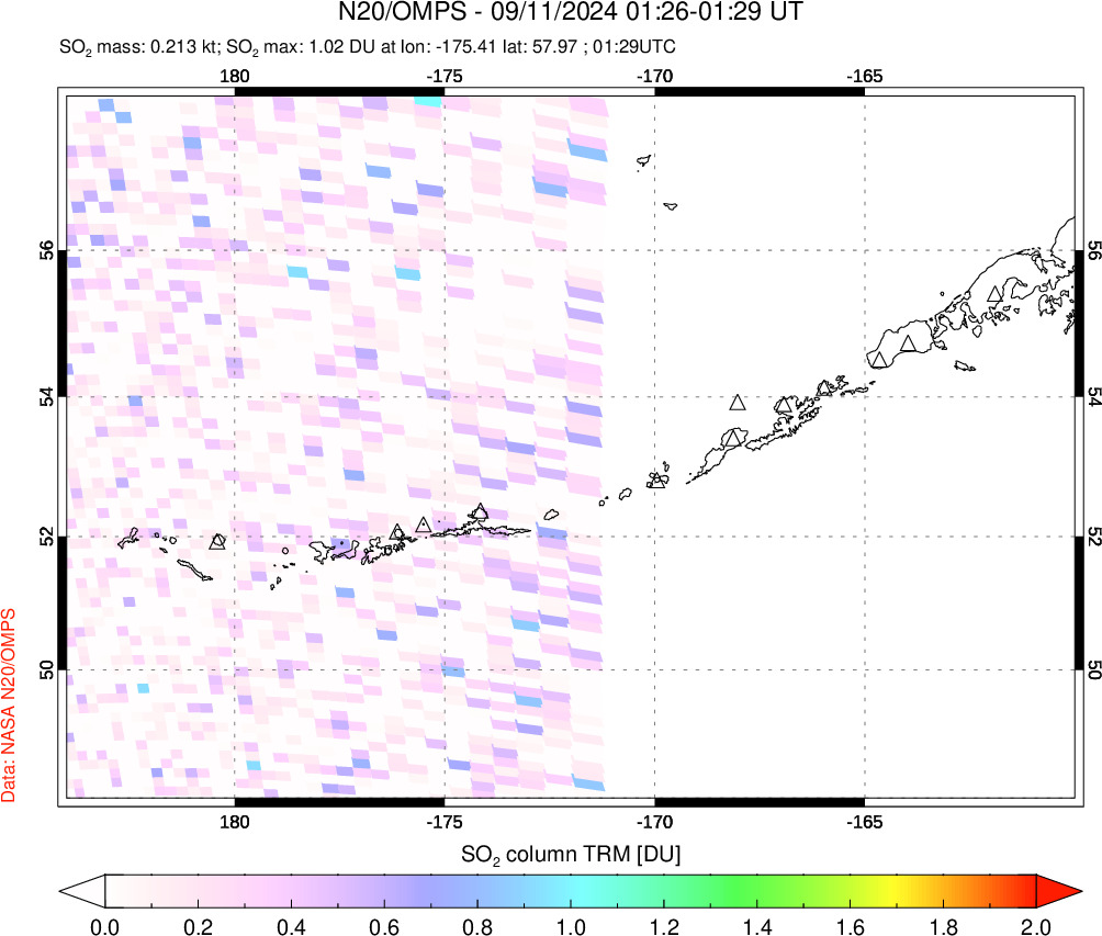 A sulfur dioxide image over Aleutian Islands, Alaska, USA on Sep 11, 2024.