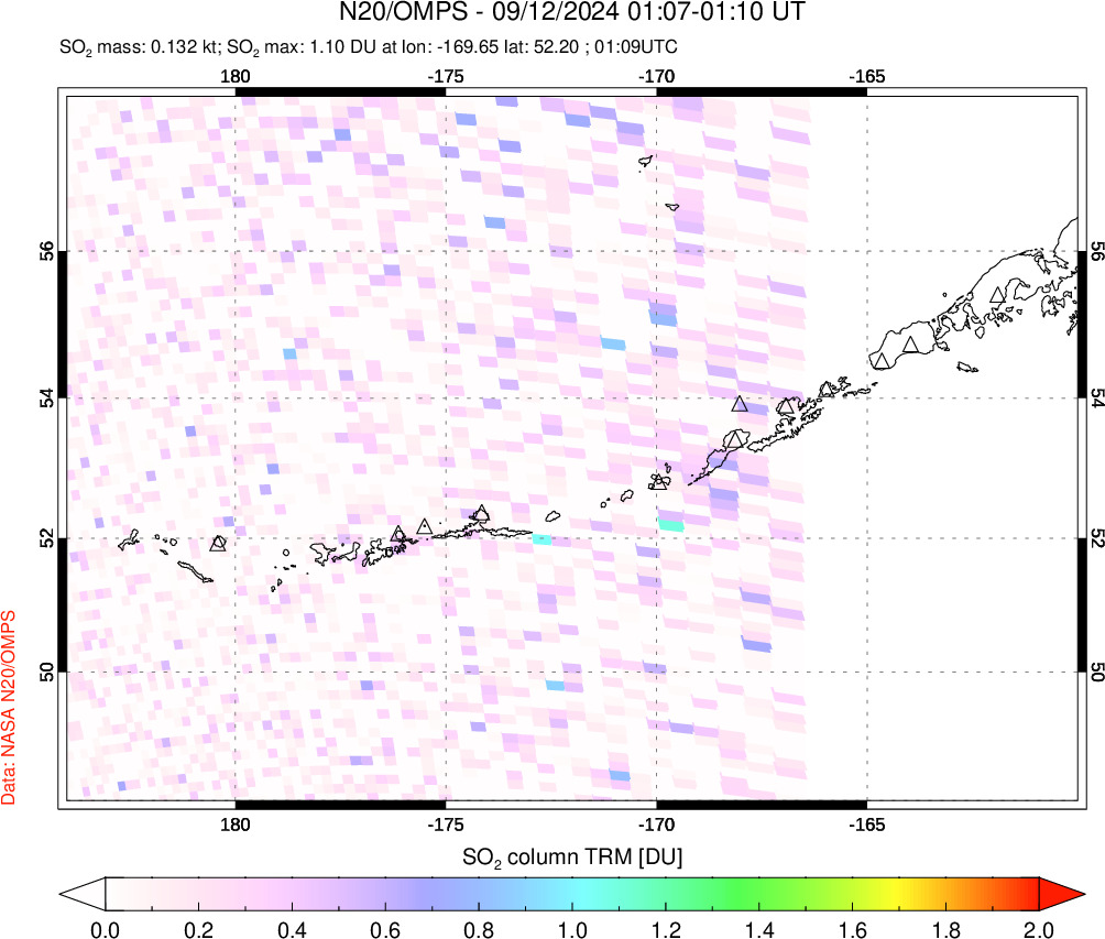 A sulfur dioxide image over Aleutian Islands, Alaska, USA on Sep 12, 2024.