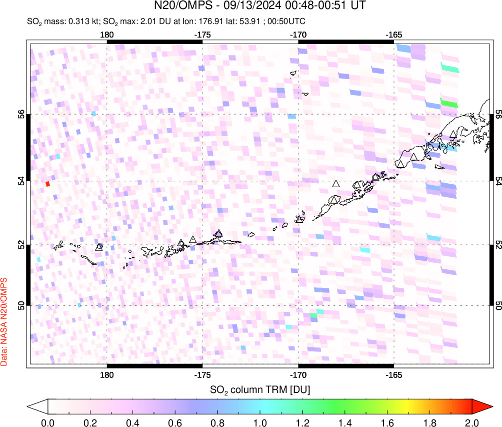 A sulfur dioxide image over Aleutian Islands, Alaska, USA on Sep 13, 2024.