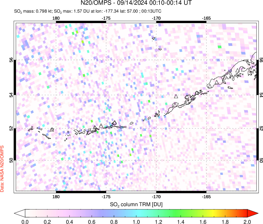 A sulfur dioxide image over Aleutian Islands, Alaska, USA on Sep 14, 2024.