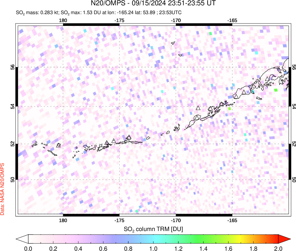 A sulfur dioxide image over Aleutian Islands, Alaska, USA on Sep 15, 2024.