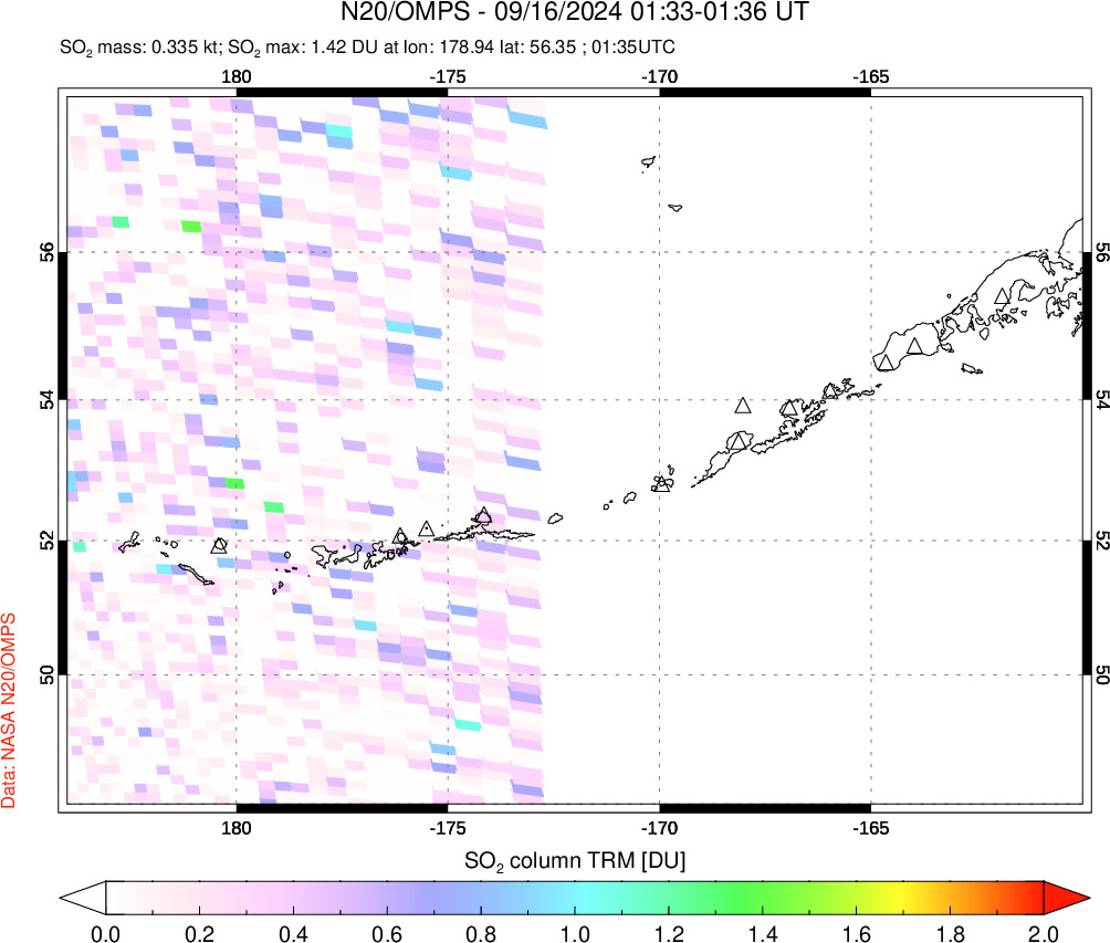 A sulfur dioxide image over Aleutian Islands, Alaska, USA on Sep 16, 2024.