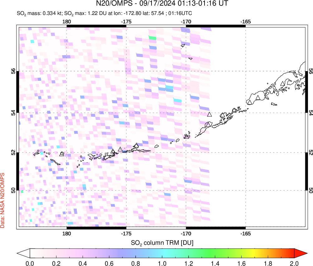 A sulfur dioxide image over Aleutian Islands, Alaska, USA on Sep 17, 2024.