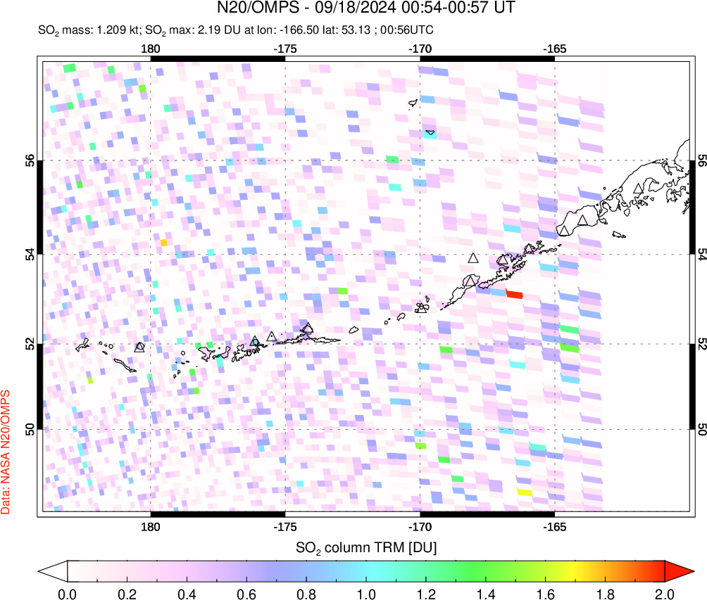 A sulfur dioxide image over Aleutian Islands, Alaska, USA on Sep 18, 2024.