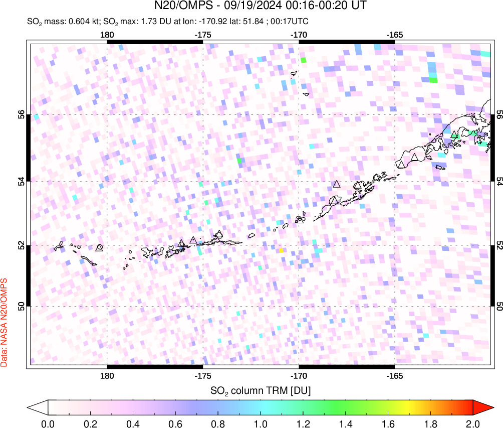 A sulfur dioxide image over Aleutian Islands, Alaska, USA on Sep 19, 2024.