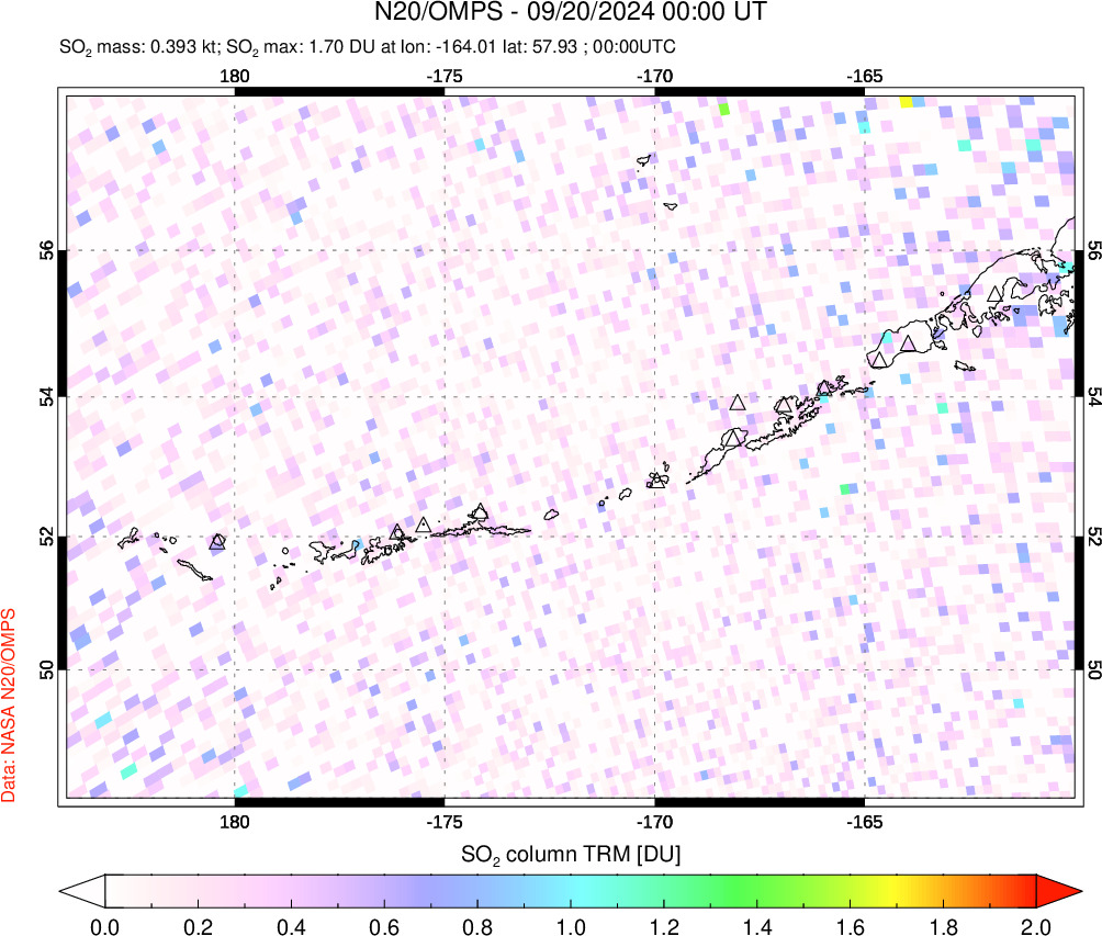 A sulfur dioxide image over Aleutian Islands, Alaska, USA on Sep 20, 2024.