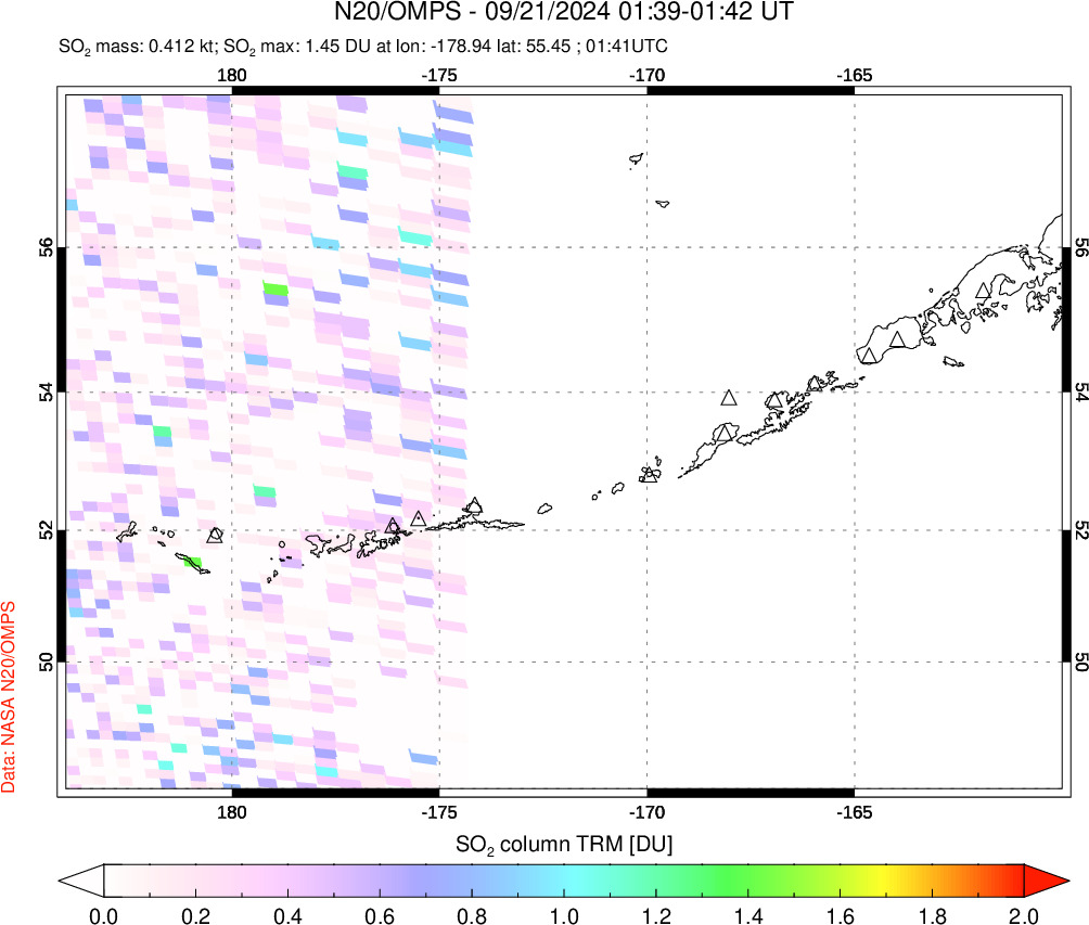 A sulfur dioxide image over Aleutian Islands, Alaska, USA on Sep 21, 2024.