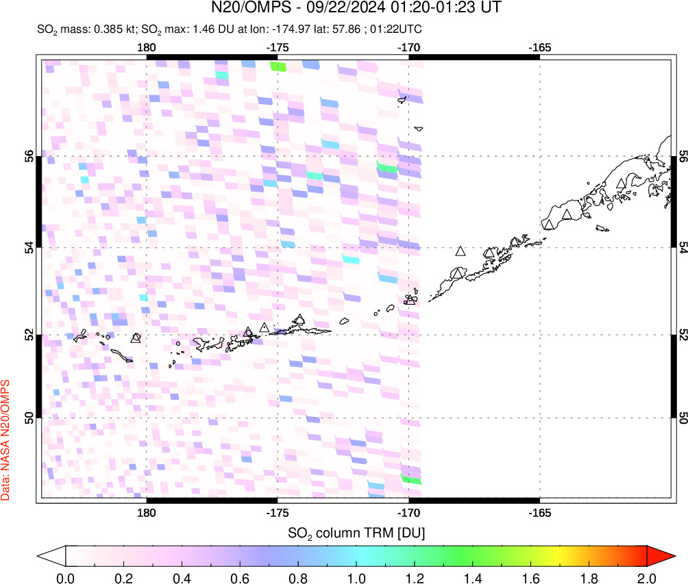 A sulfur dioxide image over Aleutian Islands, Alaska, USA on Sep 22, 2024.