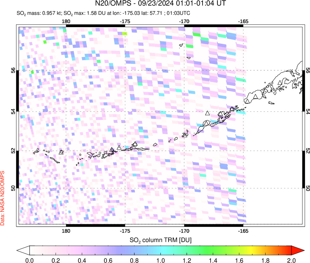 A sulfur dioxide image over Aleutian Islands, Alaska, USA on Sep 23, 2024.