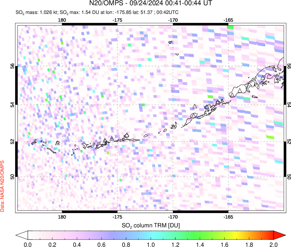 A sulfur dioxide image over Aleutian Islands, Alaska, USA on Sep 24, 2024.