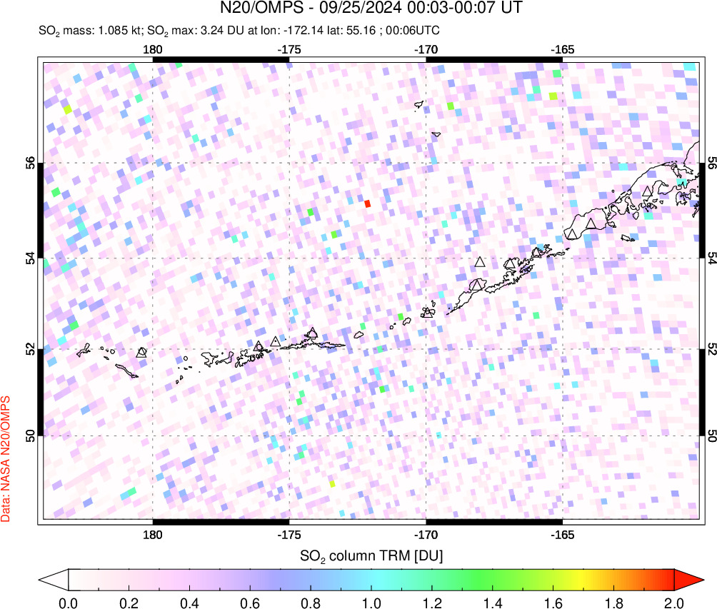 A sulfur dioxide image over Aleutian Islands, Alaska, USA on Sep 25, 2024.