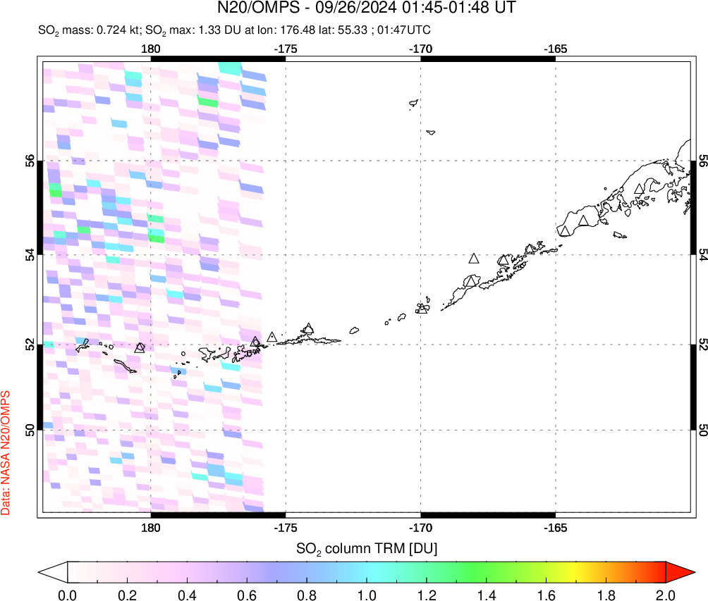 A sulfur dioxide image over Aleutian Islands, Alaska, USA on Sep 26, 2024.