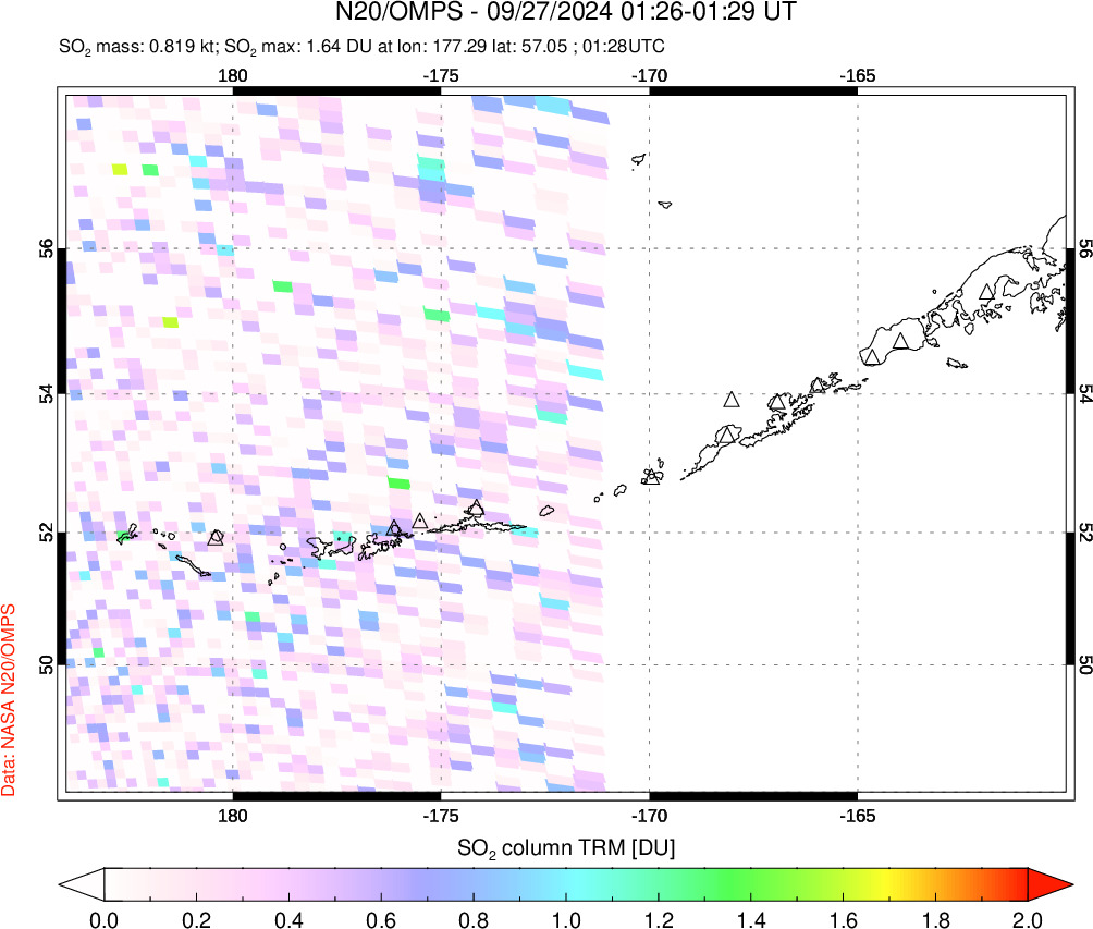 A sulfur dioxide image over Aleutian Islands, Alaska, USA on Sep 27, 2024.