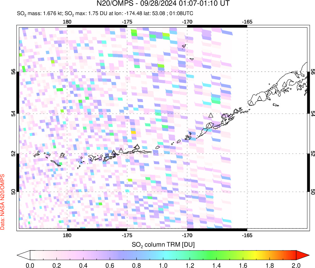 A sulfur dioxide image over Aleutian Islands, Alaska, USA on Sep 28, 2024.