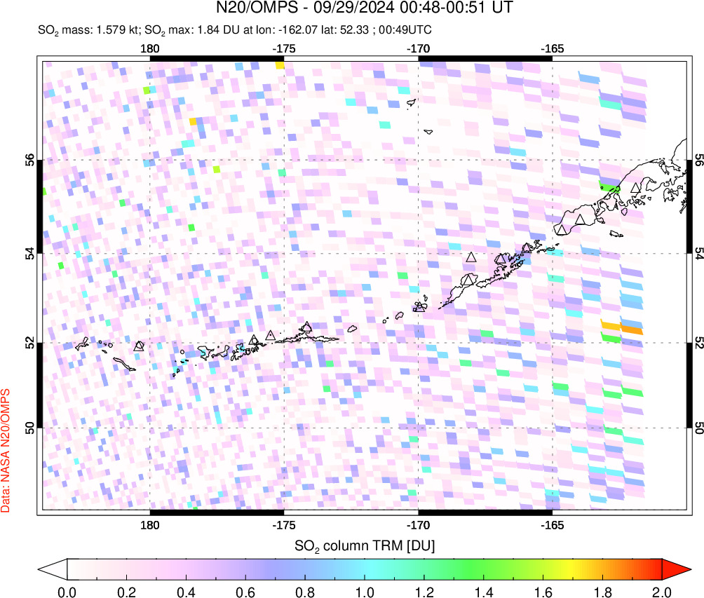 A sulfur dioxide image over Aleutian Islands, Alaska, USA on Sep 29, 2024.