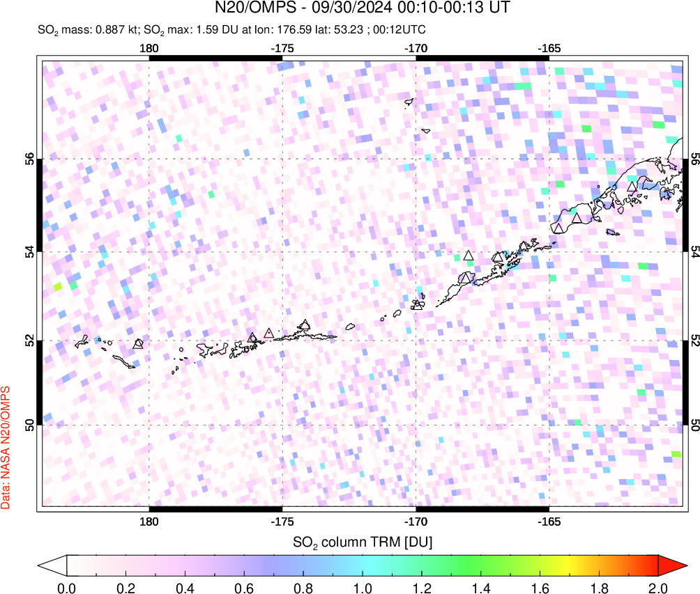 A sulfur dioxide image over Aleutian Islands, Alaska, USA on Sep 30, 2024.