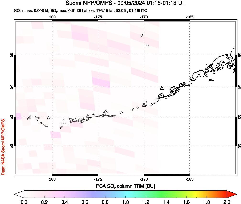 A sulfur dioxide image over Aleutian Islands, Alaska, USA on Sep 05, 2024.