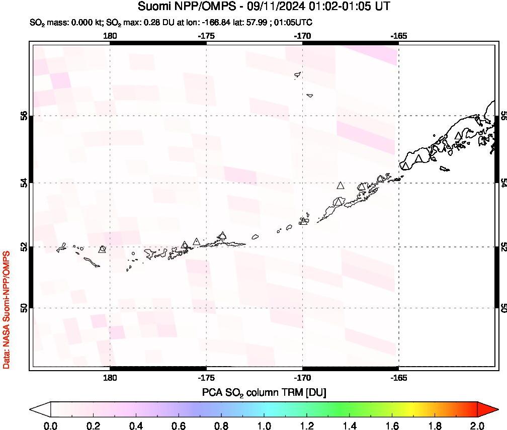 A sulfur dioxide image over Aleutian Islands, Alaska, USA on Sep 11, 2024.