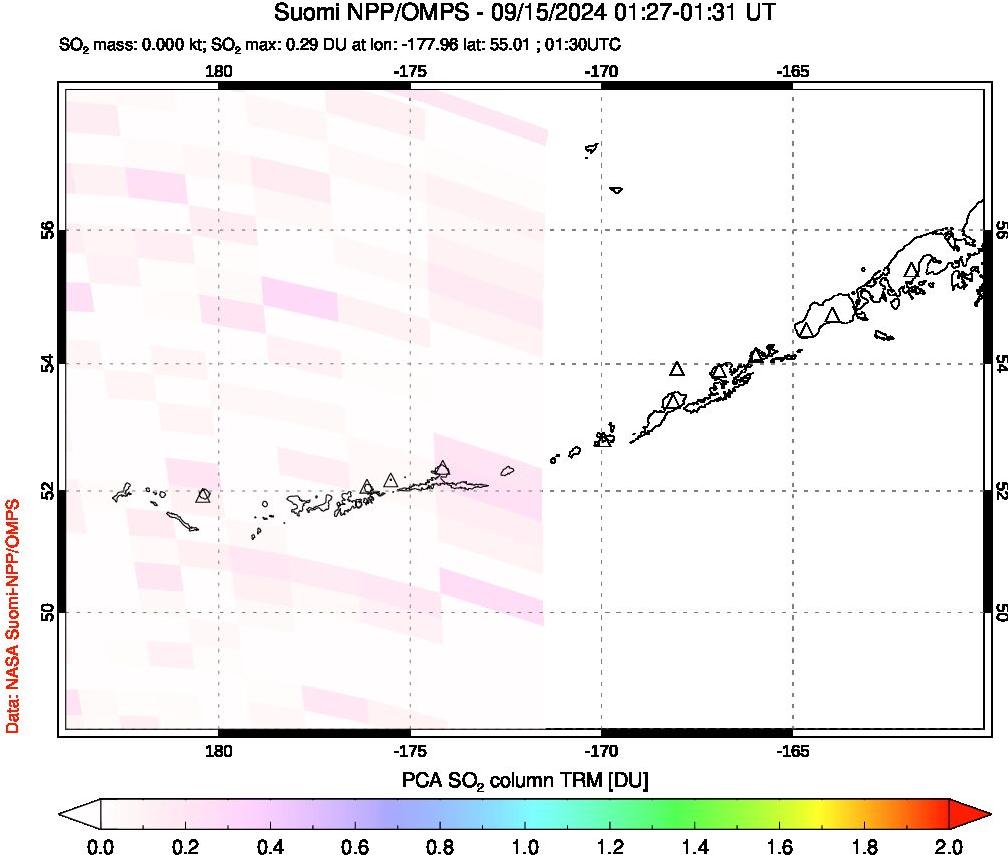 A sulfur dioxide image over Aleutian Islands, Alaska, USA on Sep 15, 2024.