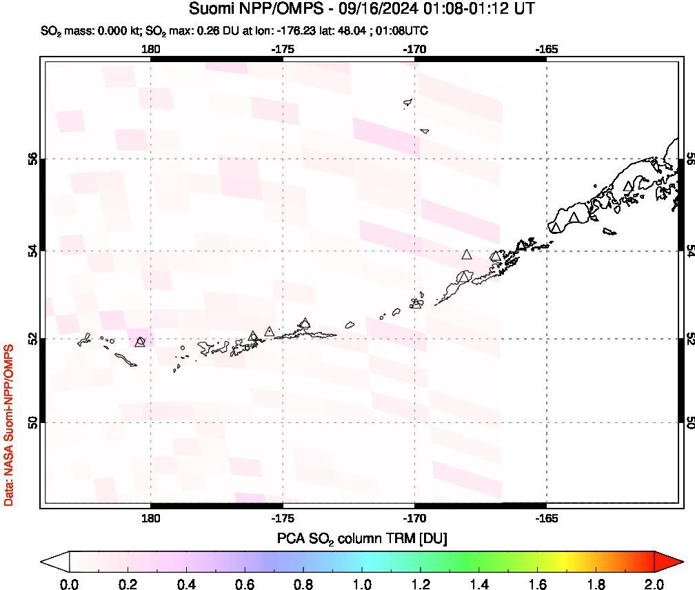 A sulfur dioxide image over Aleutian Islands, Alaska, USA on Sep 16, 2024.