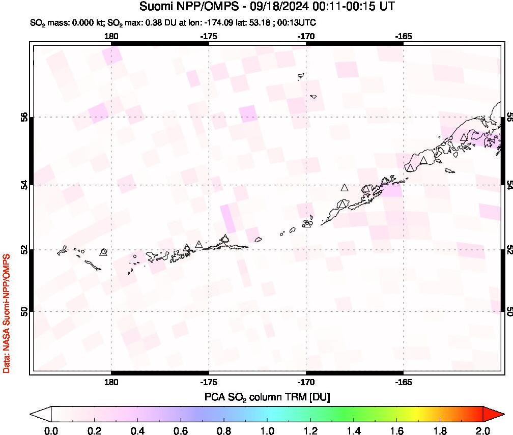 A sulfur dioxide image over Aleutian Islands, Alaska, USA on Sep 18, 2024.