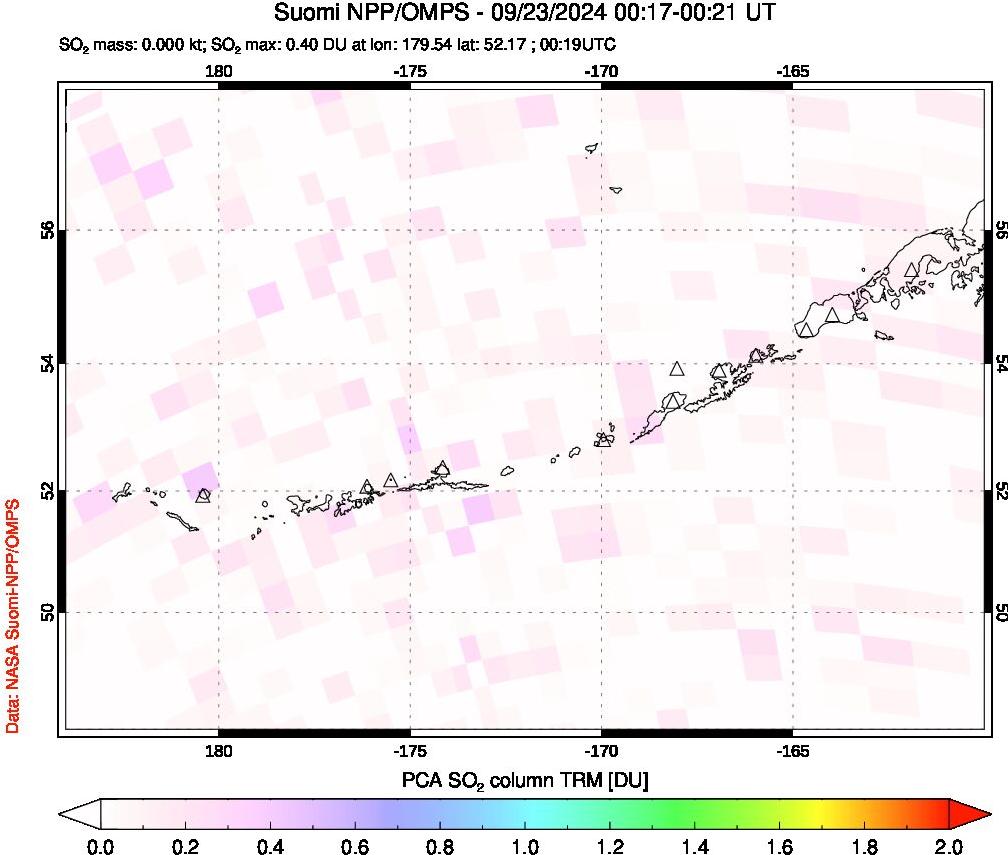 A sulfur dioxide image over Aleutian Islands, Alaska, USA on Sep 23, 2024.