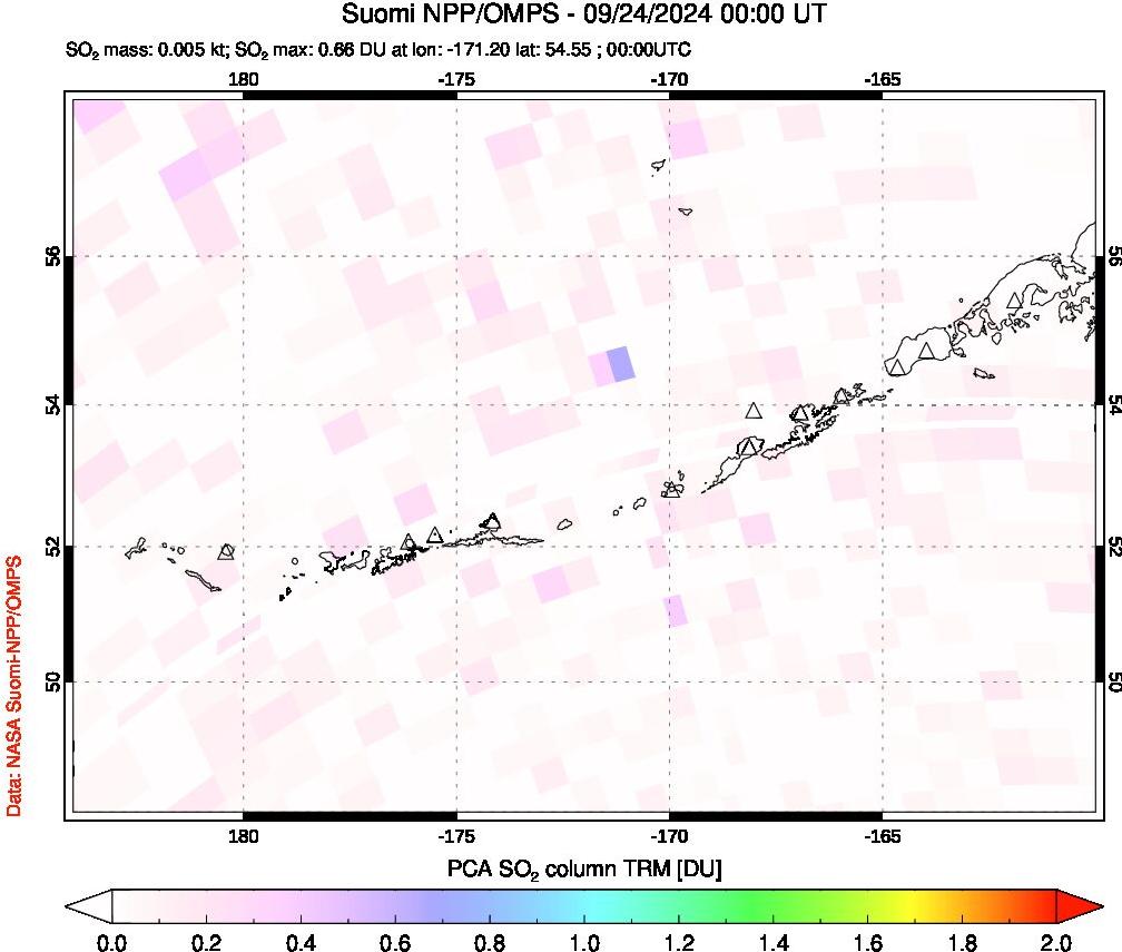 A sulfur dioxide image over Aleutian Islands, Alaska, USA on Sep 24, 2024.