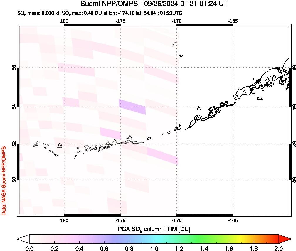 A sulfur dioxide image over Aleutian Islands, Alaska, USA on Sep 26, 2024.