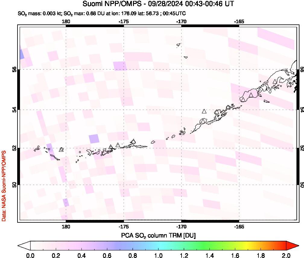 A sulfur dioxide image over Aleutian Islands, Alaska, USA on Sep 28, 2024.