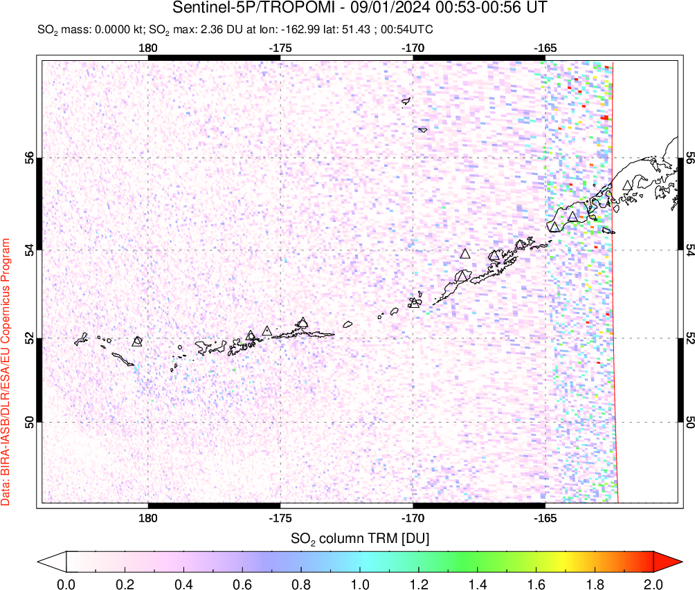 A sulfur dioxide image over Aleutian Islands, Alaska, USA on Sep 01, 2024.