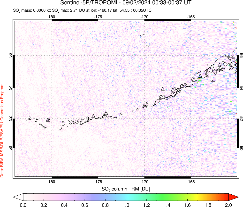 A sulfur dioxide image over Aleutian Islands, Alaska, USA on Sep 02, 2024.