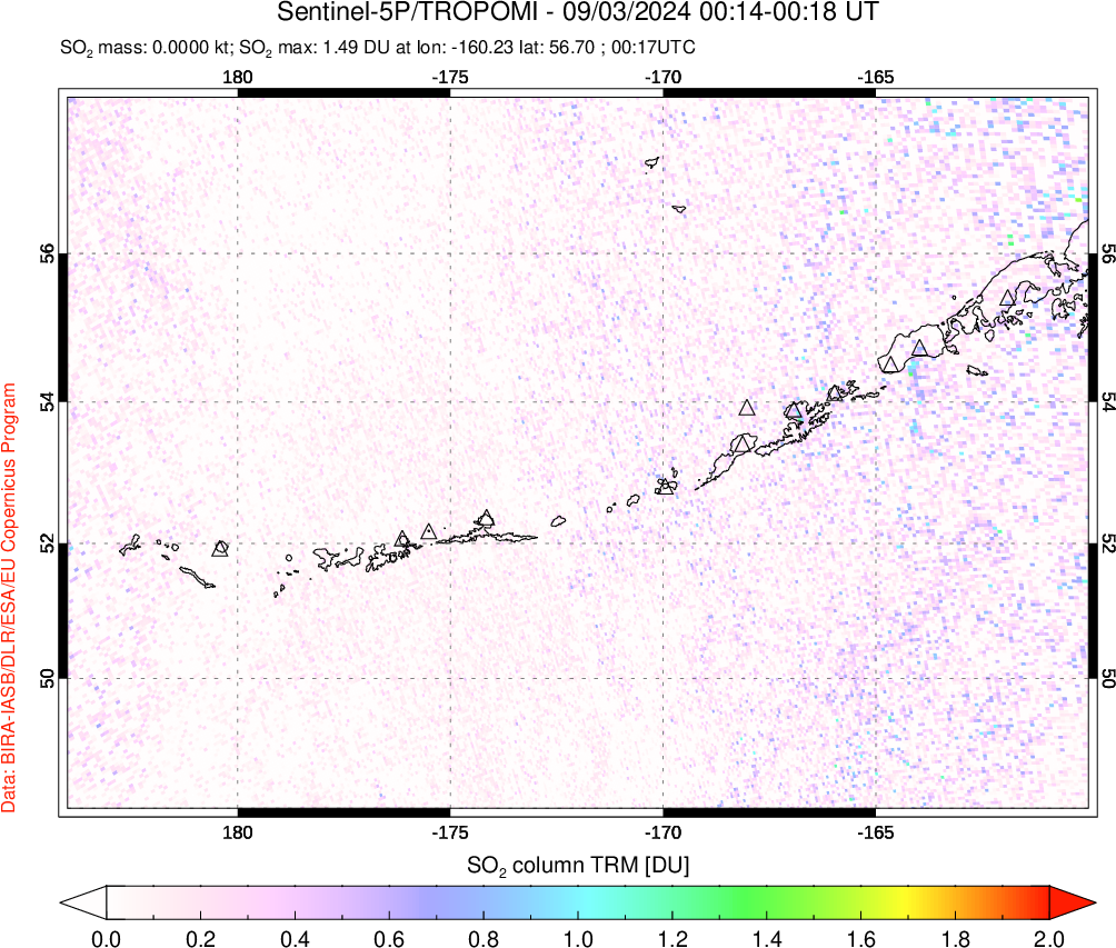 A sulfur dioxide image over Aleutian Islands, Alaska, USA on Sep 03, 2024.