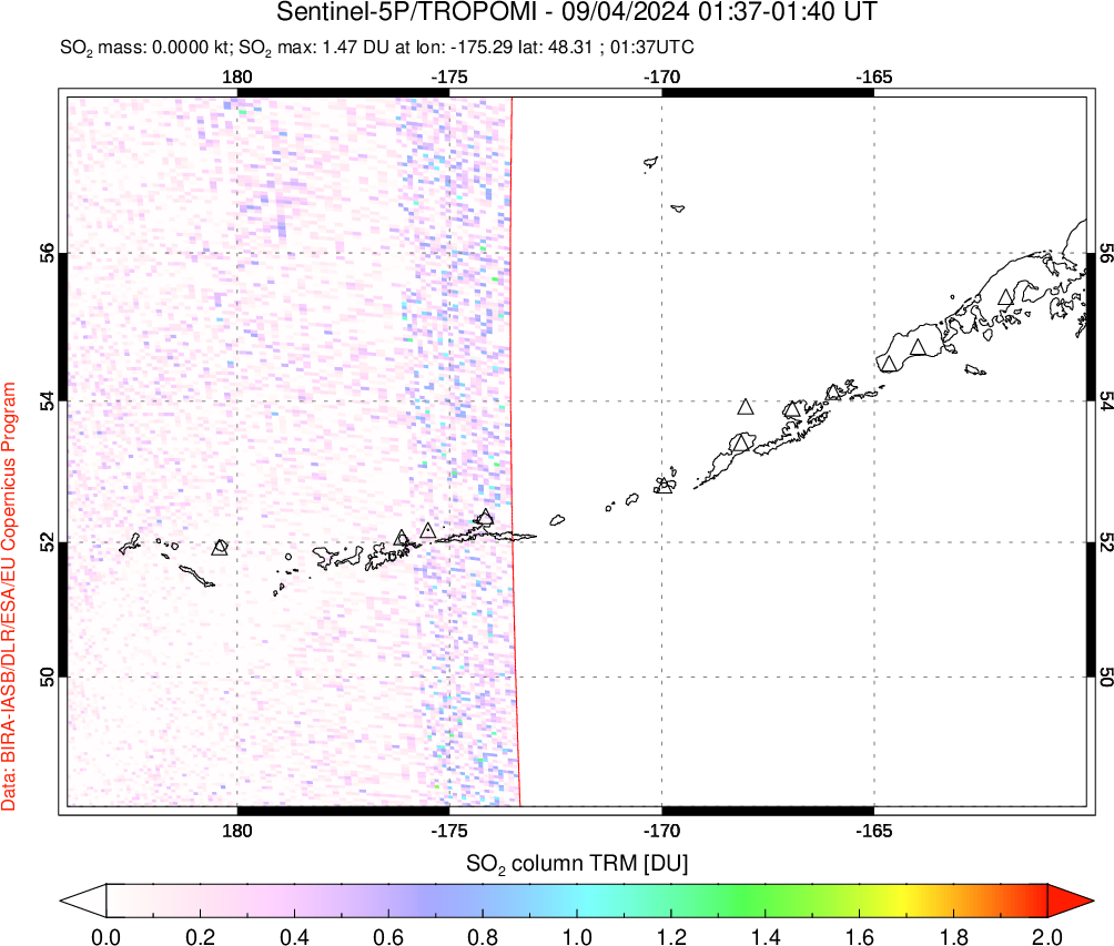 A sulfur dioxide image over Aleutian Islands, Alaska, USA on Sep 04, 2024.